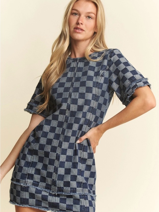 Jade By Jane Tops - Checkered Denim-Effect Short Sleeve Tunic in Blue